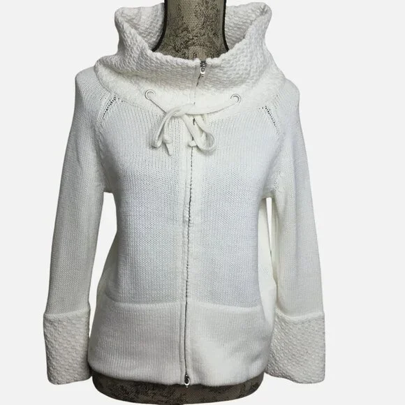 WHBM White Textured Knit Zip Sweater M Quiet Luxury Cozy Capsule Neutral Chic - Picture 2 of 7